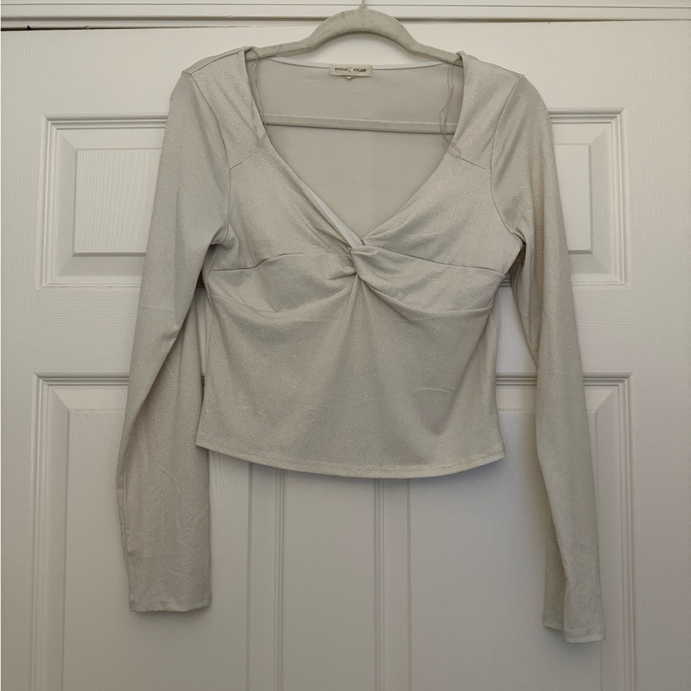 Moa Moa Sparkly White Long Sleeve Shirt Twist Front Size L Worn Once